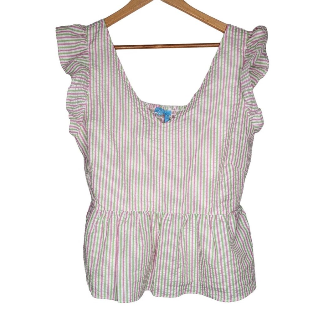 Draper James‎ RSVP Size XL Pink / Green Striped Women's V-Neck Smocked Top